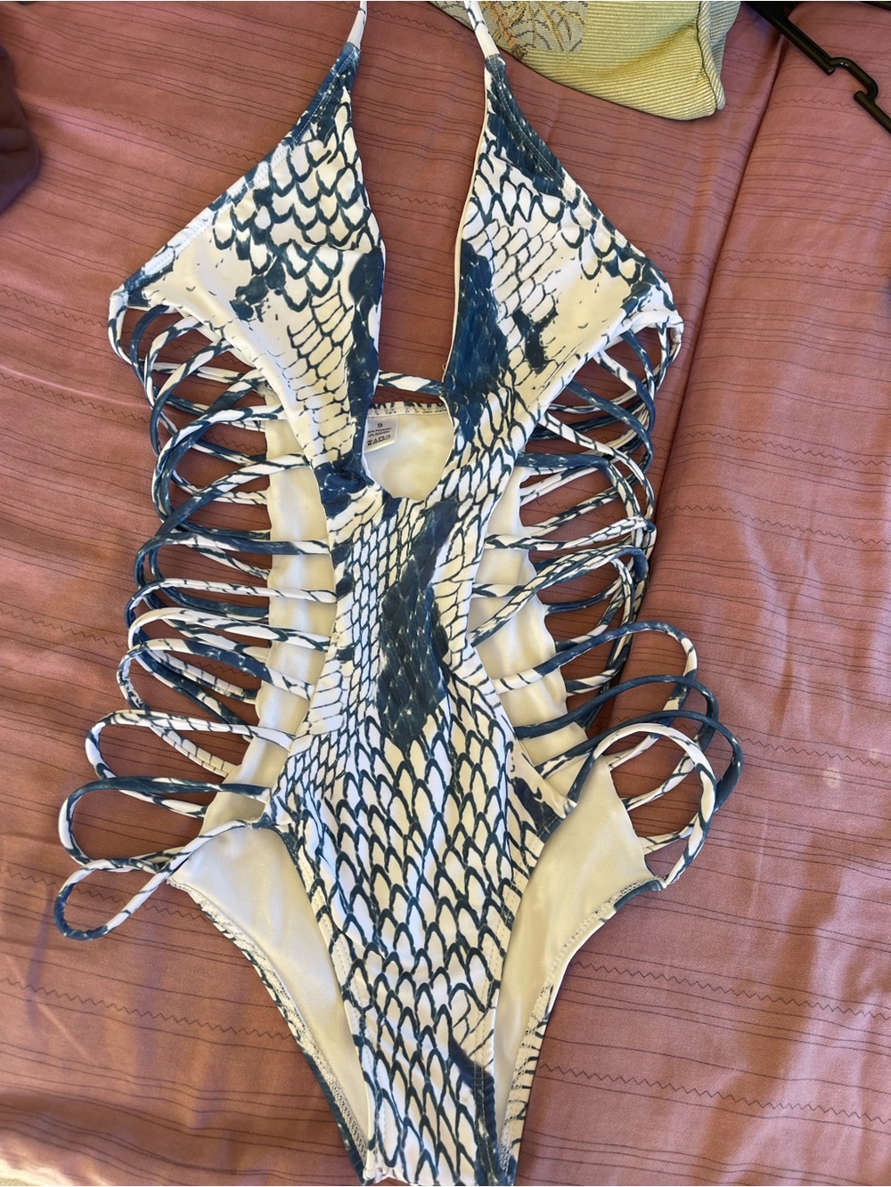 Amazon Blue and White Snake Skin Print Cutout One-Piece Swimsuit